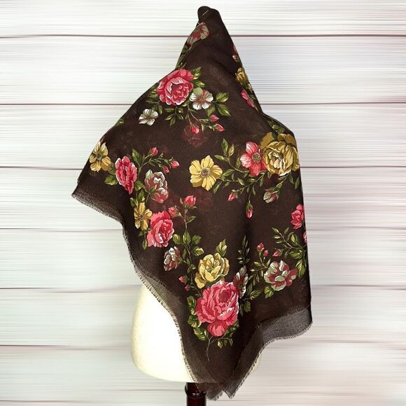 Large Square Brown Floral Roses Scarf Shawl Wrap 46x46 - Picture 6 of 10